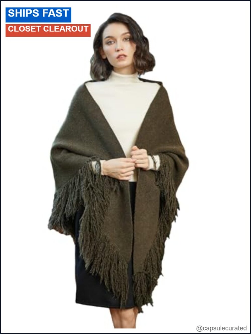 Wool Blend Knit Shawl Fringe Tassel Wrap - One Size